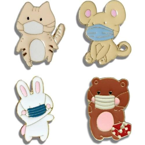 RSHCZY 4 Style Golden Enamel Pins Custom Alloy Animal Brooch Cartoon Tiger Mouse Rabbit Bear Badges Jewelry Gift
