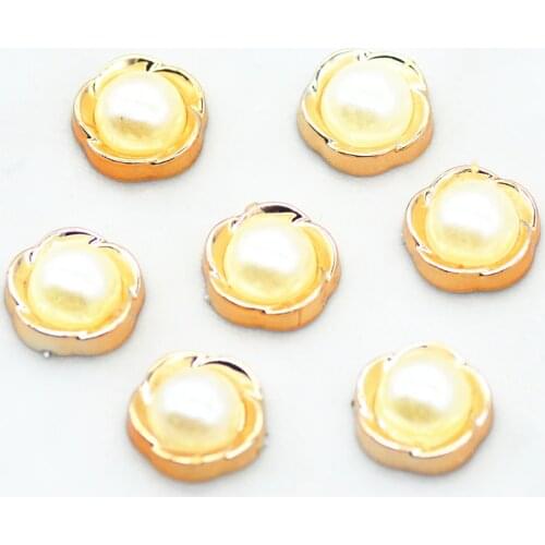 50PCS Golden Color Plasctic Pearl Flatback Garment Buttons|Decoration Buttons|Paste On Flower Buttons