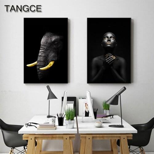 Modern Golden Lips Model Elephant Canvas Painting Abstract Wall Art Picture for Living Room Hot Sexy Black Girl Poster and Print