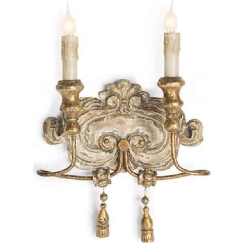 American country wooden art golden double head wall lamp solid wood carved bedroom bedside corridor aisle wall lamp