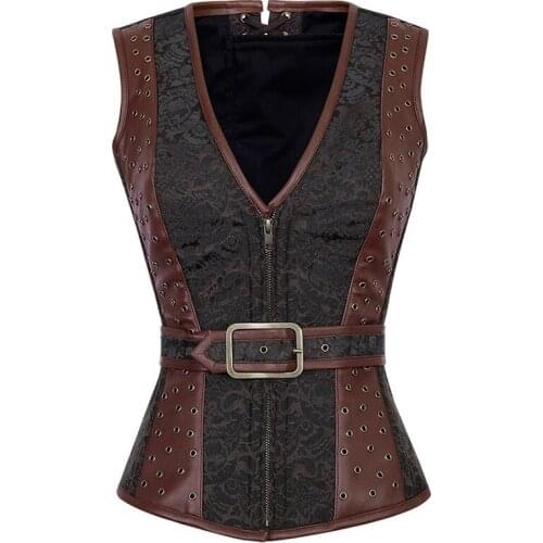 Gothic Bustier Fashion Steampunk Brocade Jacket Corset Espartilho Sexy Faux Leather V-Neck Front Zipper Corset Lace Up Back