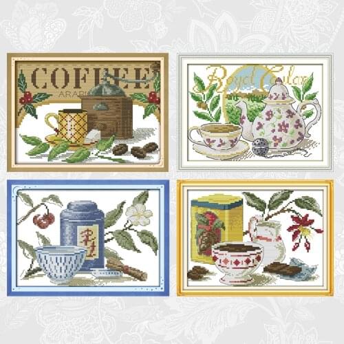The tea artistic conception Cross-stitch Printed Canvas DIY Handmade Cross Stitch Schemes Needlework Embroidery Thread Sets