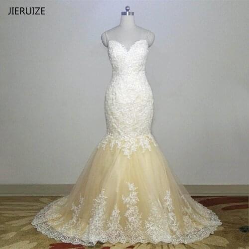 JIERUIZE Champagne Tulle Ivory Lace Appliques Mermaid Wedding Dresses 2018 Spaghetti Straps Backless Wedding Gowns