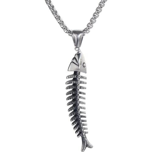 Stainless Steel Fish Shape Fishbone Pendant Necklace Hip Hop Gothic Style Male Pendant Necklace Punk Boho Jewelry Gifts