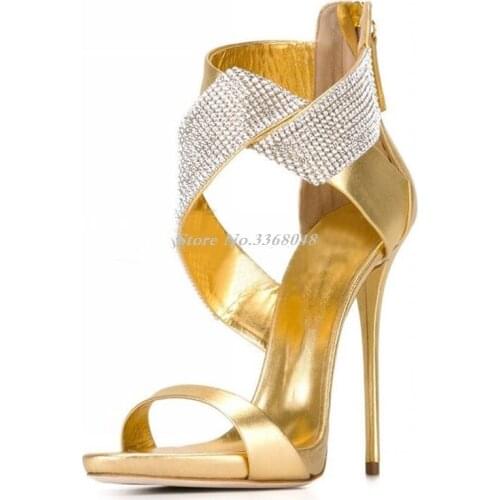 Hot Selling Fashion Gold Suede Leather Stiletto Heels Sandals Silver Bling Bling Beaded Ankle Wrap Dress Shoes For Woman