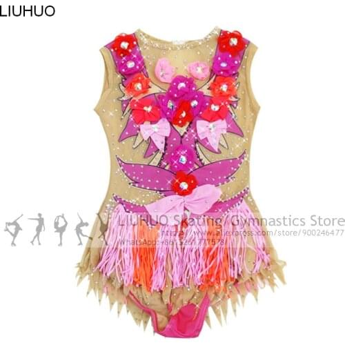 LIUHUO Rhythmic Gymnastics Leotards Pink Girls Handmade Sleeveless Flowers Training Dance Rhythmic Gymnastics Artistic Dress