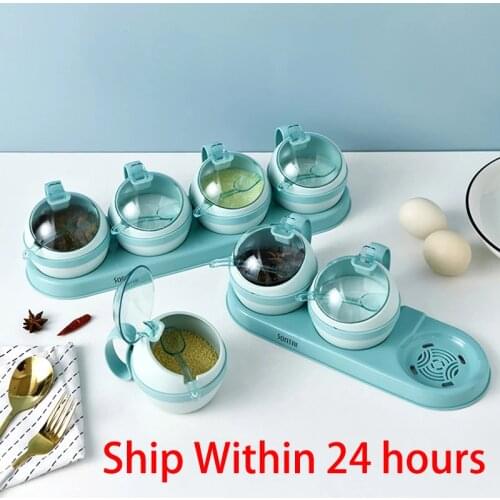 Kawaii Kitchen Spice Organizer And Storage Sugar Container Salt And Pepper Shakers Set With Spoon Round Shape Herb Seasoning Box