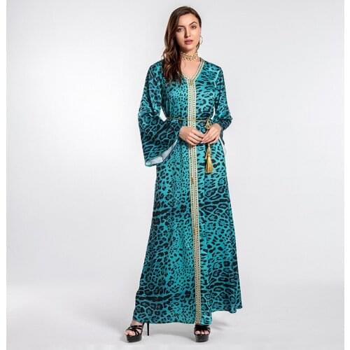 Muslim Womens Dubai Fashion Leopard Print New Dress Lace Abaya Moroccan Dresses Arab Clothing Moroccan Djellaba 2021