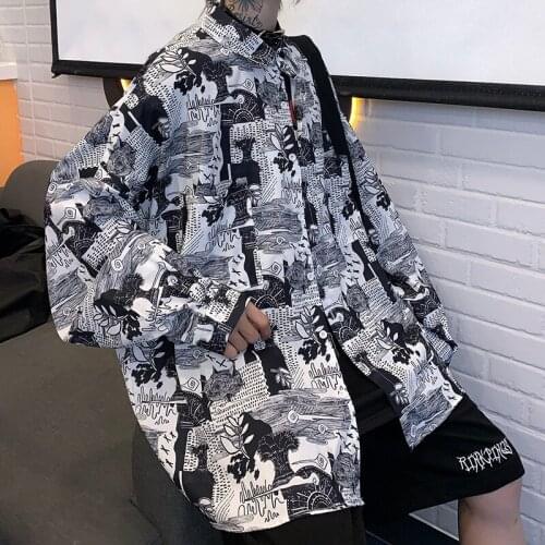 Autumn retro Harajuku style personalized printing long-sleeved loose shirt fashion wild men and women blouse