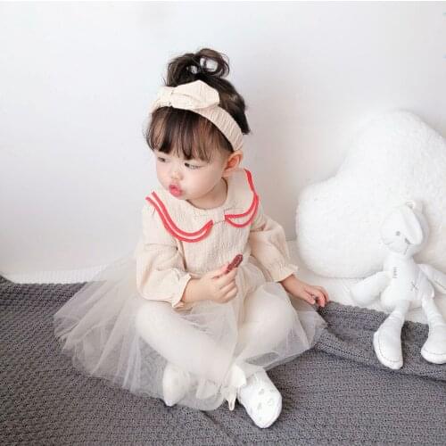 Party Wedding Baby Girl Dress 2 Piece Sweet Peter Pan Collar Ruffles Long Sleeve Patchwork Mesh Princess Dresses+headband 3-18M