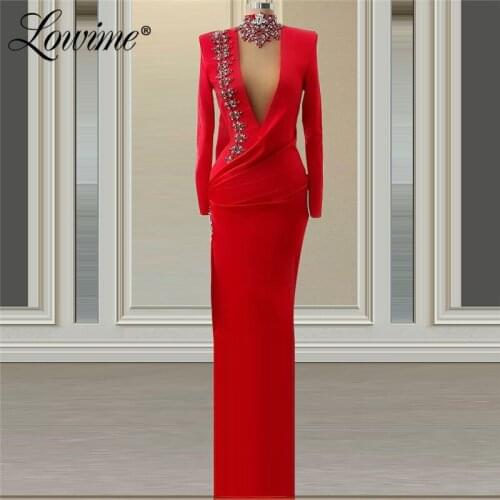 Elegant Red Evening Dresses Deep V Neck Crystals Long Sleeves Celebrity Party Dress 2021 Hot Sexy Prom Gowns Vestidos De Fiesta