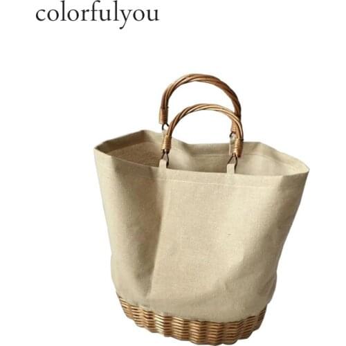 Hand Woven Rattan bag women Canvas Stitching Handbag Summer Casual stripe Shopping Tote Bag Large Capacity Bag 2019 Korean Style