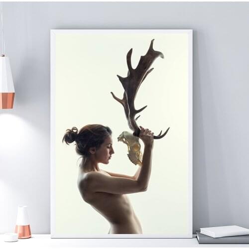Nordic Style Woman And Deer Bone Poster Canvas Painting Wall Pictures For Living Room Home Decor Fashion HD Abstract Unstretched