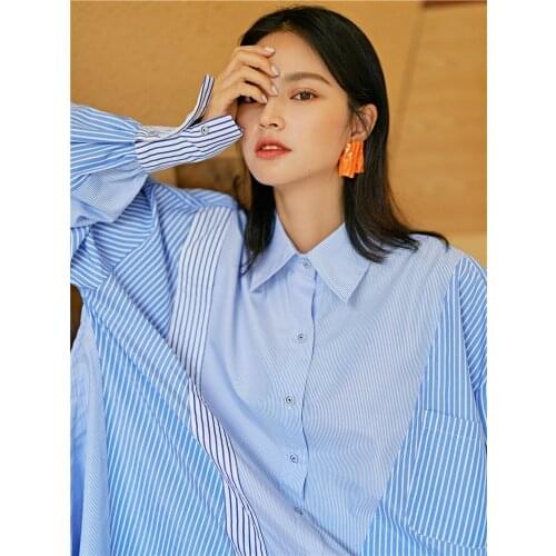 Plus Size Promotion Polyester Regular Korean 2020 Spring New Womens Shirt Striped Personality Stitching Loose Casual Women