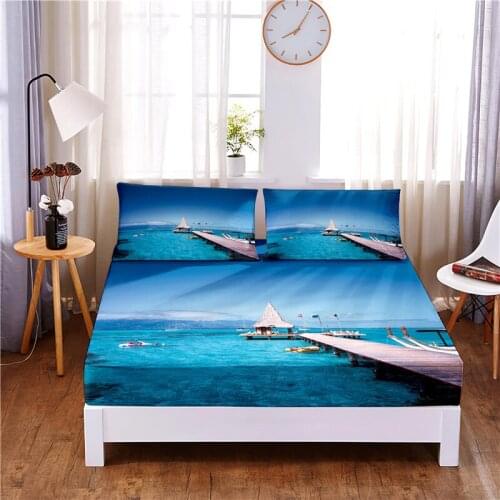 Seaside Digital Printed 3pc Polyester Fitted Sheet Mattress Cover Four Corners with Elastic Band Bed Sheet Pillowcases