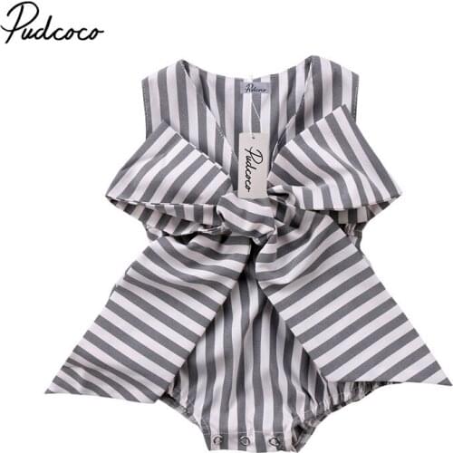 Pudcoco New Style Newborn Baby Girls Clothes Bow Sleeveless Striped Romper Jumpsuit Outfits Baby Clothing