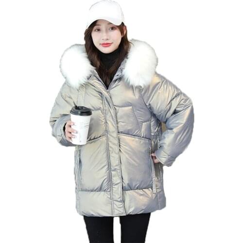 2021 Winter Down Cotton Jacket New Hooded Fur Collar Loose Fashion Parkas White Pink Black Casual Thick Warm Tops Coat N1239