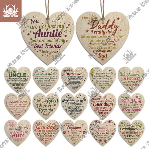 Putuo Decor Family Heart Shape Wood Plaque Sign Crafts Ornament Pendant for Family Birthday Christmas Thanksgiving Gift Keepsake
