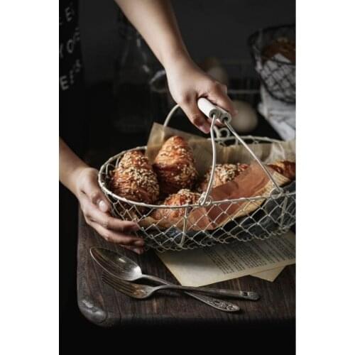 Retro Iron Woven Storage Basket Kitchen Fruit Basket Bread Basket Storage Box Desktop Storage Basket Handle