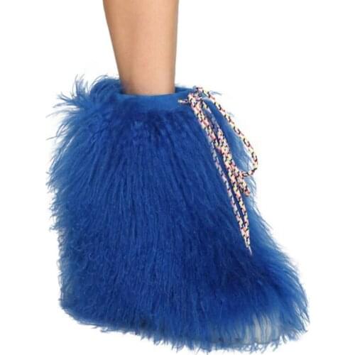 Fashion Ladies Black Blue Wool Fur Snow Boots Thick Platform Sole Fur Boots Slip On Mid Calf Winter Boots Women