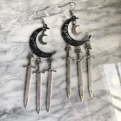 Moon Sword Earrings Silver Color Classic Eardrop Big Sword Fashion Punk Jewellery Novel Charm Women Men Gift Gothic Mystical