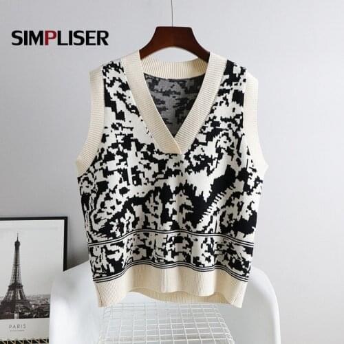 Loose V-neck Sweater Vest Women Vintage Sleeveless Knitting Tops Black Caffee Female Sleeveless Sweater 2021 Ladies Waistcoat