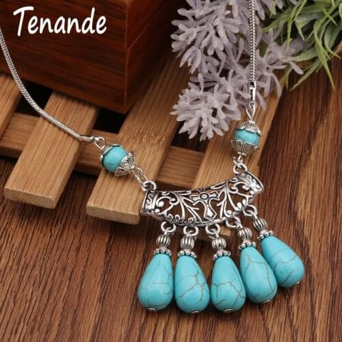 Tenande Ethnic Hollow Carved Necklaces Bohemia Natural Stone Water Drop Tassel Statement Necklaces Pendants for Women Jewelry