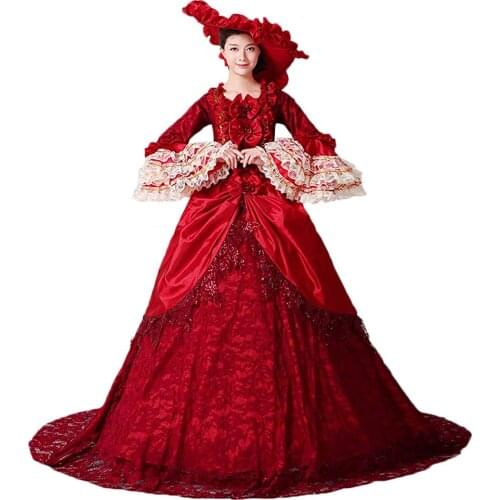 One Piece Dress Gothic Lolita Cosplay Lolita Dress red Vintage Poet Long Sleeves Dress Hat Petticoat