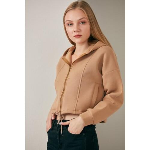 Women Tan Hooded and Pockets Short Sweat Jacket zipper laced
