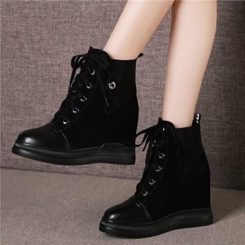 Platform Wedge Winter Trainers Women Cow Leather High Heel Pumps Shoes Round Toe Med Top Fashion Sneakers Goth Punk Casual Shoes