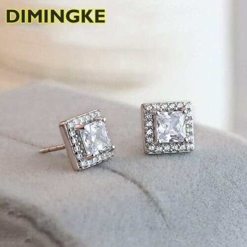 DIMINGKE 4*4MM Square High Carbon Diamond Stud Earrings 100%-925 Sterling Silver Super Flash Wedding Party Womens Jewelry