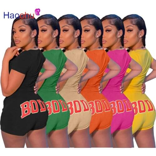 HAOOHU Women Casual Set Short Sleeve O-neck T-shirts Drawstring Waist Shorts Elastic Loose Straight 2 Piece Set Summer