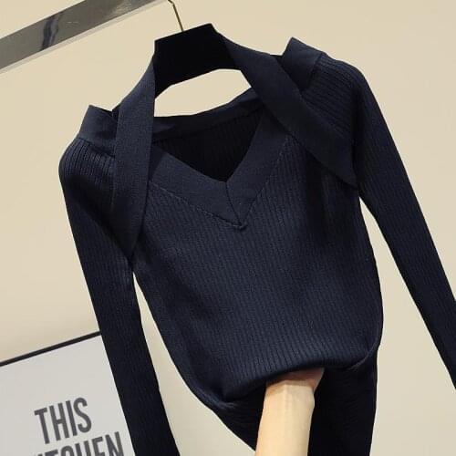Spring Autumn Clothes New Korean Version Of Slim Harajuku V-neck Halterneck Black Sweater Womens Base Knitted Pullover Top Crop