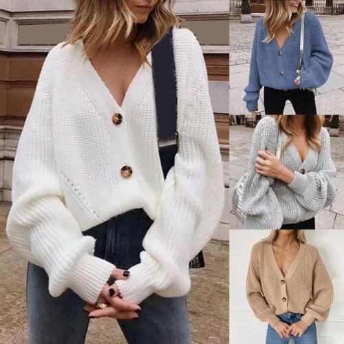 Women Knitted Cardigans Sweater Solid Color Single-breasted Autumn Winter Loose Long Sleeve V Neck Knitted Coat Streetwear
