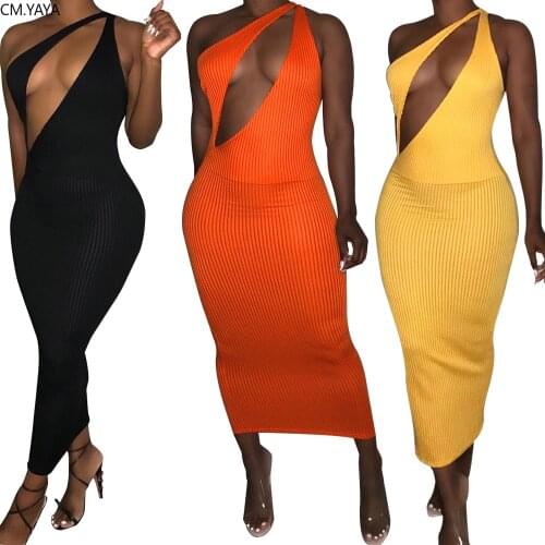 Women cut out front one shoulder sleeveless skew neck knitted long midi bodycon dress night club party dresses vestidos GLF120