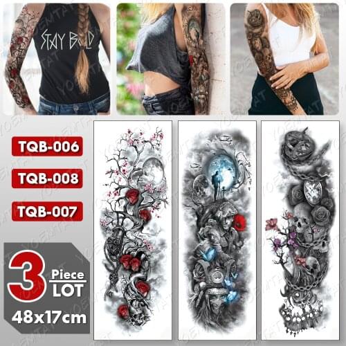 3 pcs/lot Large Arm Sleeve Tattoo Skull Rose Waterproof Temporary Tatto Sticker Warrior Body Art Full Fake Tatoo Women Men