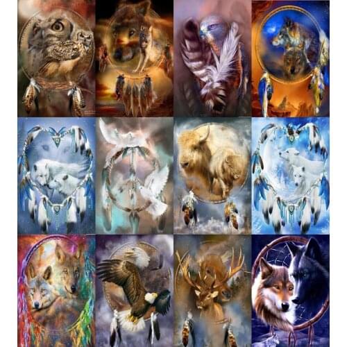 Touoilp Full Square&round Diamond 5D DIY Diamond Painting "Wolf and Feathers" 3D Embroidery Cross Stitch Mosaic Home Decor