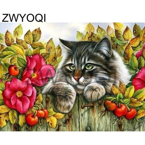 Full Round Diamond painting Cross stitch cat peony Full Square Diamond mosaic cat animal peony rose 5D DIY Diamond embroidery