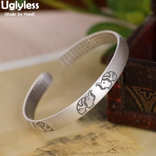 Uglyless Ethnic Totem Elephants Animal Bangles for Women Solid 999 Pure Silver Elephant Open Bangle Heart Sutra Buddhism Jewelry