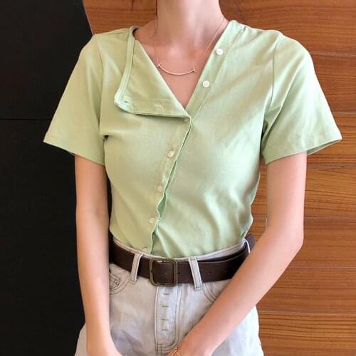 2020 Summer New Women Fashion Irregular V-neck Cotton T Shirt Tops Solid Casual Tops Tee T-shirt