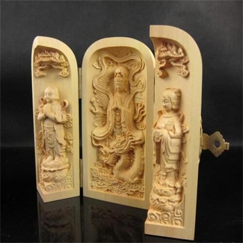 Exquisite Chinese Wood Shakyamuni Amitabha Buddha Kwan-Yin Guan Yin Buddha Statue Amulet Auspicious Box