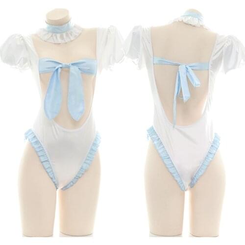 Lolita Bow-knot Open Crotch Jumpsuit Anime Princess Cosplay Swimwear Sukumizu Sexy Women Puff Sleeve Backless Bodysuit