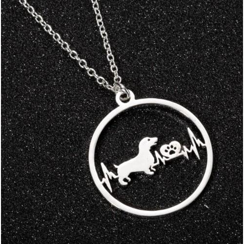 Stainless Steel Cute Heartbeat Round Pendant Necklace Women Men Animal Dachshund Dog Print Chain Necklaces Friendship Gift 2021