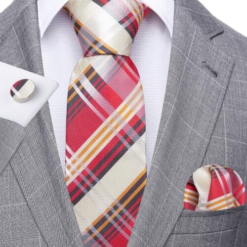 Fashion Red Plaid Men Tie Set Silk Jacquard Necktie Wedding Business Handkerchief Cufflinks Tie Barry.Wang Designer FA-5343