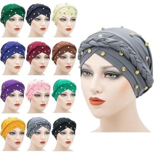 Fashion Women Hats New Four Seasons Turban Cap High-end Beaded Braid Hat Solid Color Chemo Cap Nightcap Muslim Head Cap 452