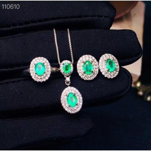Natural green emerald Ring Pendant Earrings Natural Gemstone Jewelry Set S925 Silver Fashion round Women party gift jewelry