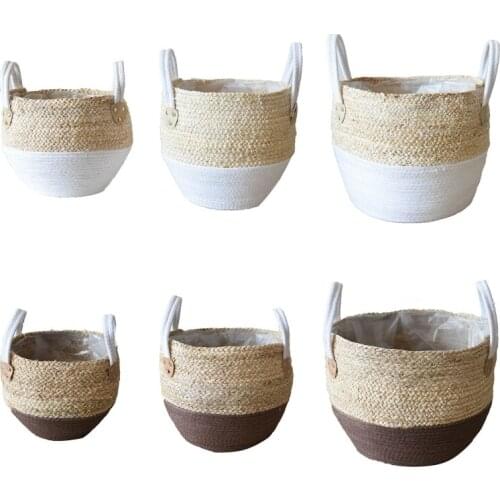 Nordic Handmade Straw Laundry Picnic Toy Storage Basket Flower Pot Container T3LE