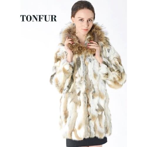New Arrival Genuine Rabbit Fur Long coat with luxury raccoon fur collar fashion warm thick nature fur coat DNT141