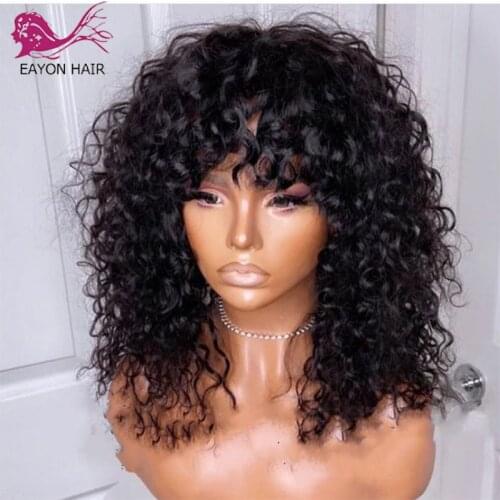 Eayon Glueless Curly Full Machine Made Scalp Top Wig With Bangs 180 Density Remy Indian Curly Human Hair Wigs For Women