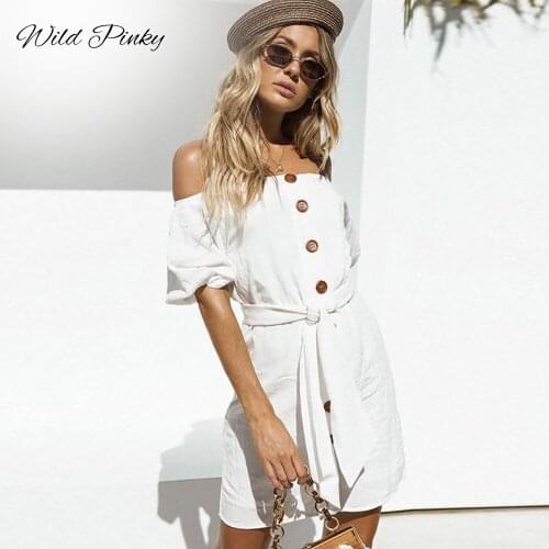 WildPinky Sexy Boho Summer Dress 2020 Off Shoulder Buttons Mini Dress Party Casual Basic Beach Dress Short Strapless Vestidos